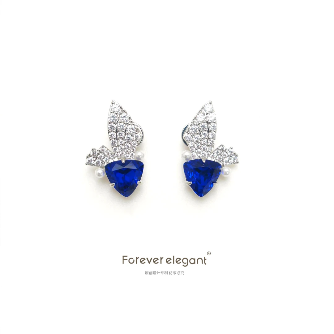 铜合金合成锆石耳饰 设计师小众高级感创意气质百搭耳饰-海帆碧浪