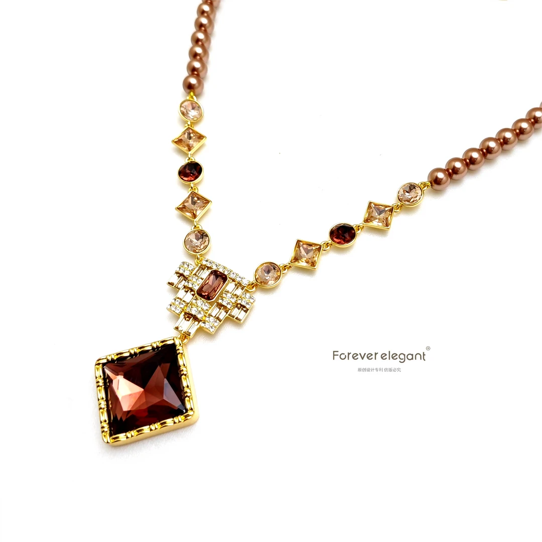 铜合金仿珍珠项链 小众高级感气质时尚咖色女款项链-藤韵悠然