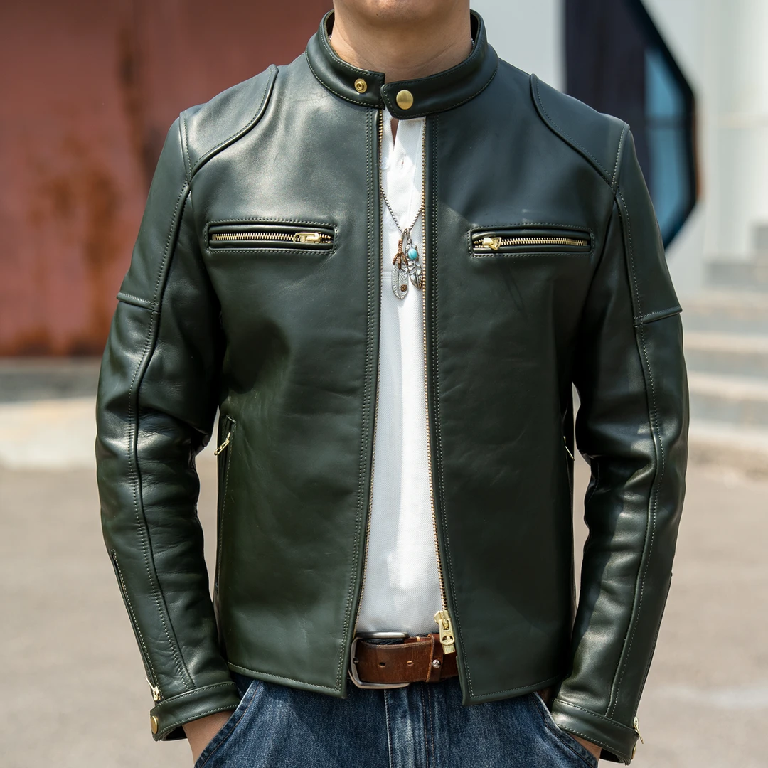 J100绿色透染头层马皮男士机车服皮衣短款修身立领皮夹克时尚外套