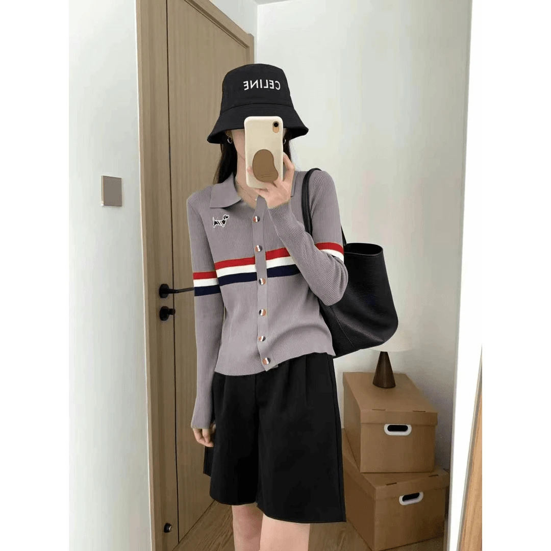 宽松撞色秋冬长袖小狗针织衫刺绣新款开衫上衣打底条纹毛衣显瘦