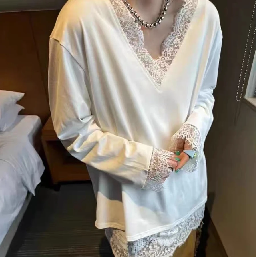 复古时髦蕾丝花边拼接V领长袖长款打底衫T恤裙 90320