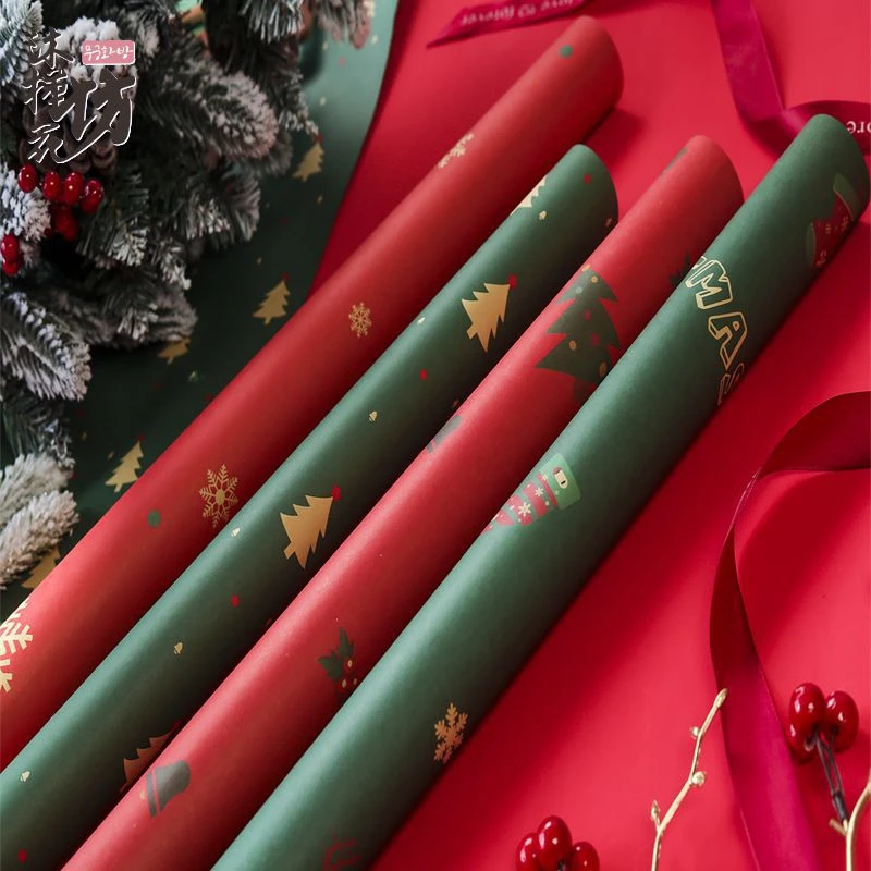 圣诞节鲜花包装纸玫瑰花束包花材料防水加厚牛皮纸圣诞包装纸批发