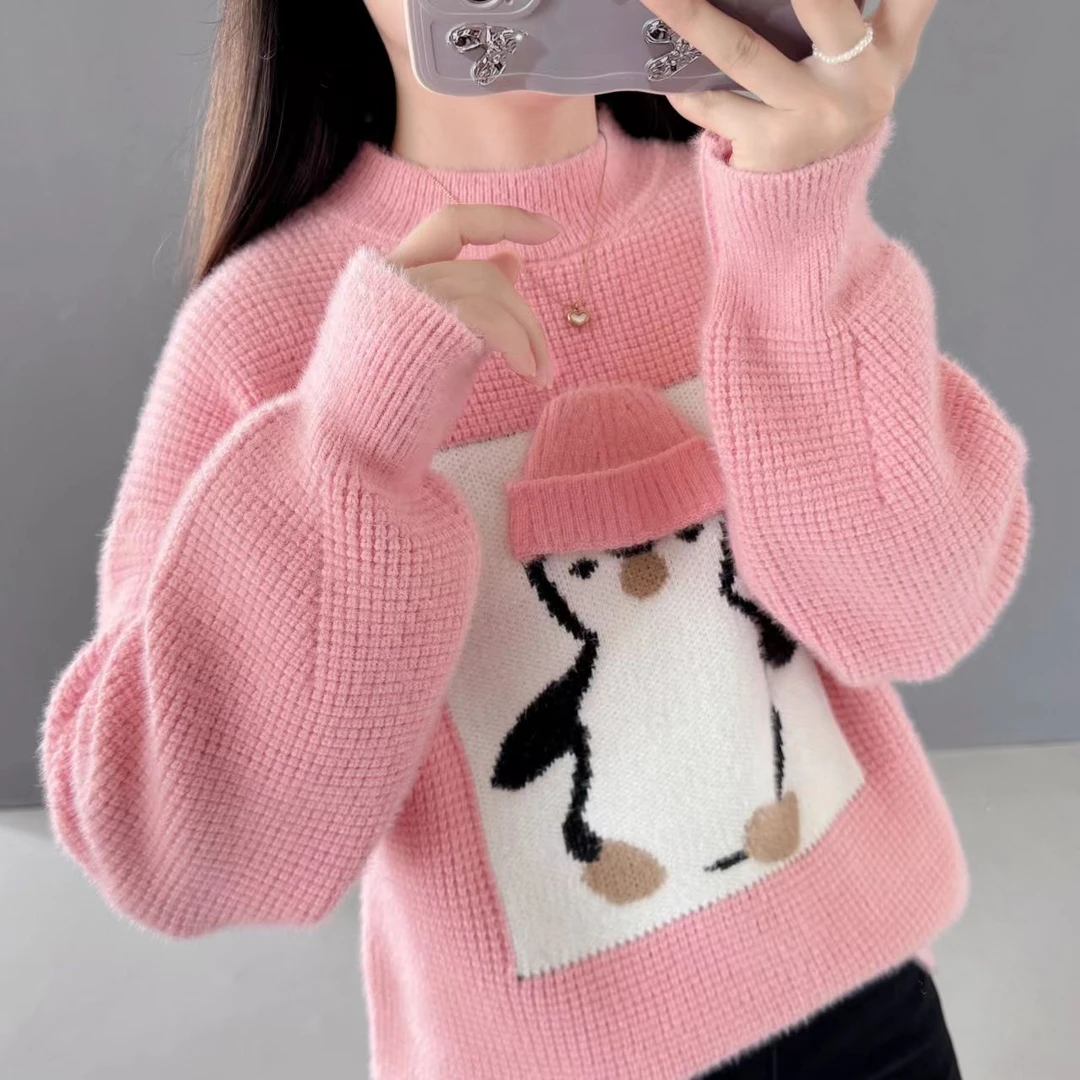 卡通企鹅毛衣女2024秋冬新款加绒加厚学院风宽松针织打底衫上衣潮