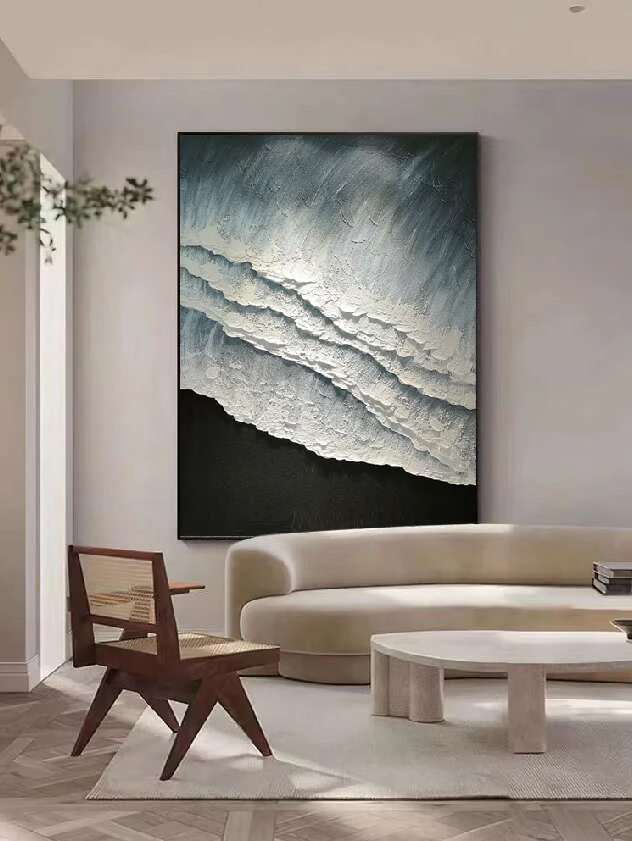 《墨海无垠》轻奢肌理客厅装饰画黑白海浪抽象手工肌理画玄关挂画