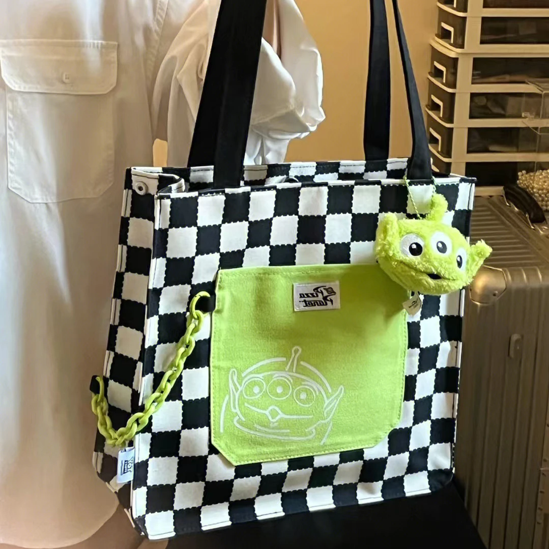 包包女2023新款潮棋盘格手提帆布包小众单肩包学生上课通勤托特包
