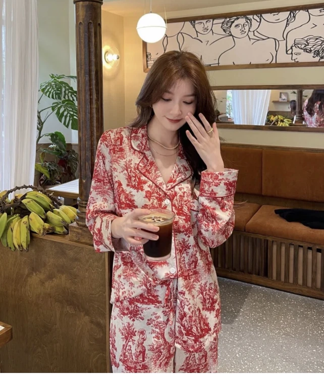 【晚红套装】2025年春款小众设计高级感家居服长袖睡衣套装