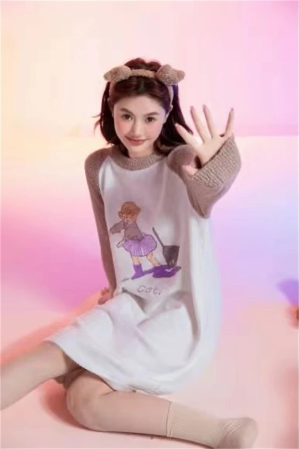 【RD-灰猫小女孩睡裙】 半边绒冬季新款保暖宽松套头居家时尚睡裙