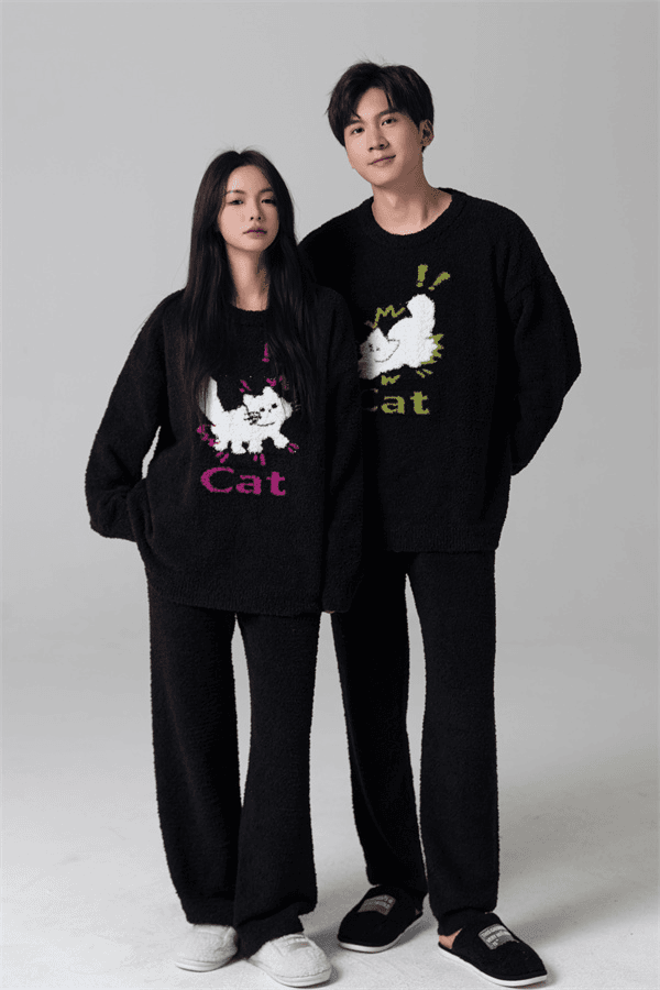 【RD-花猫情侣套装】 半边绒冬季新款保暖宽松套头居家服套装