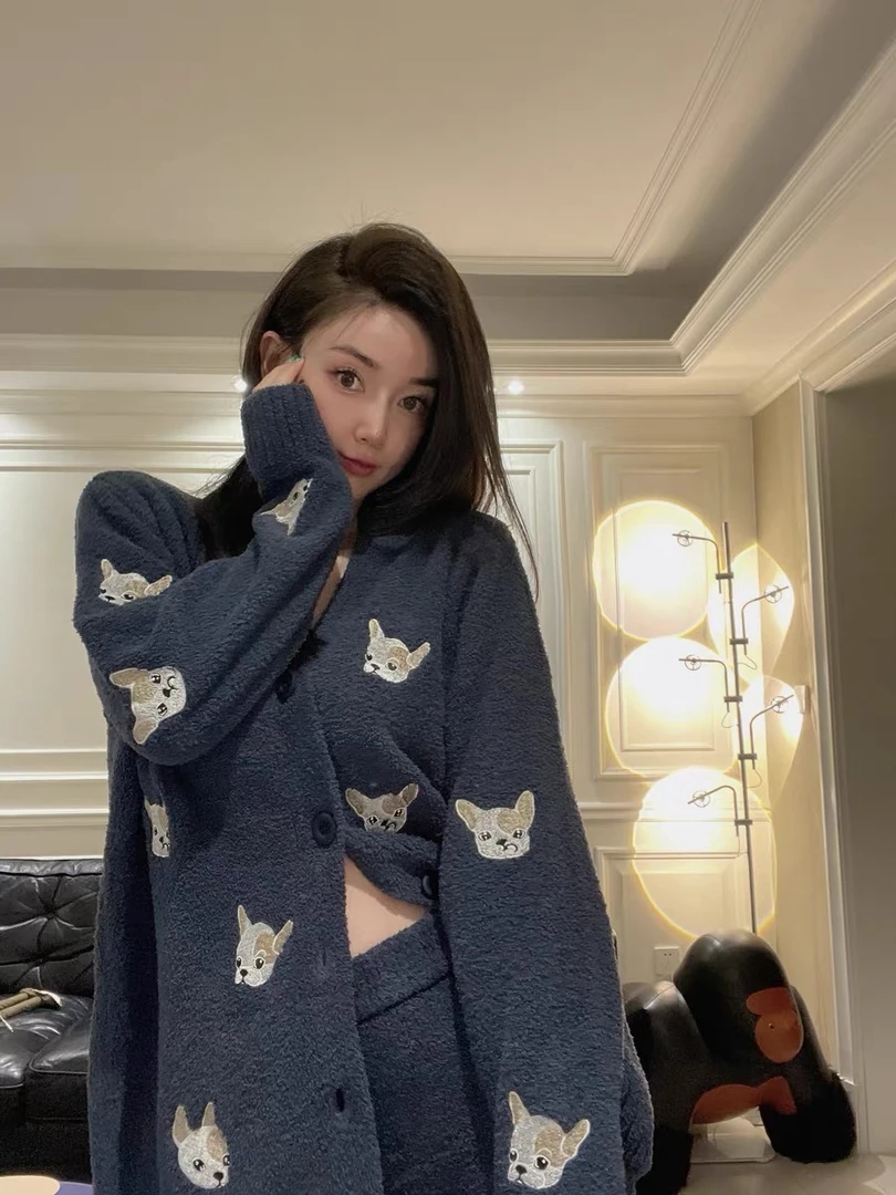 【兽家-情侣小奶狗半边绒】 针织高密半边绒冬季新款宽松家居服套装