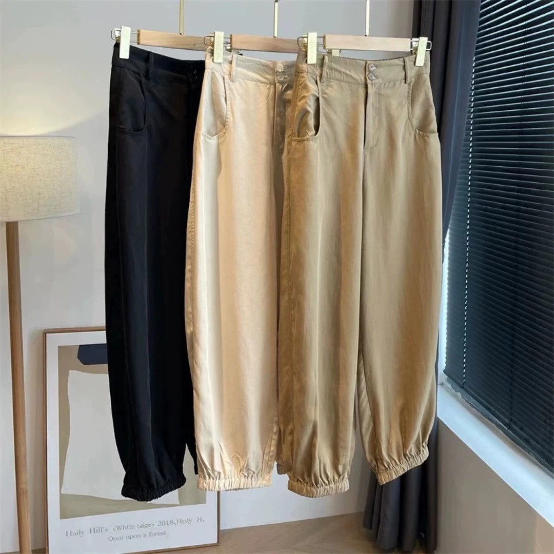 【亏清】天丝亚麻高端女裤夏季薄款女小个子裤子高腰束脚九分灯笼裤