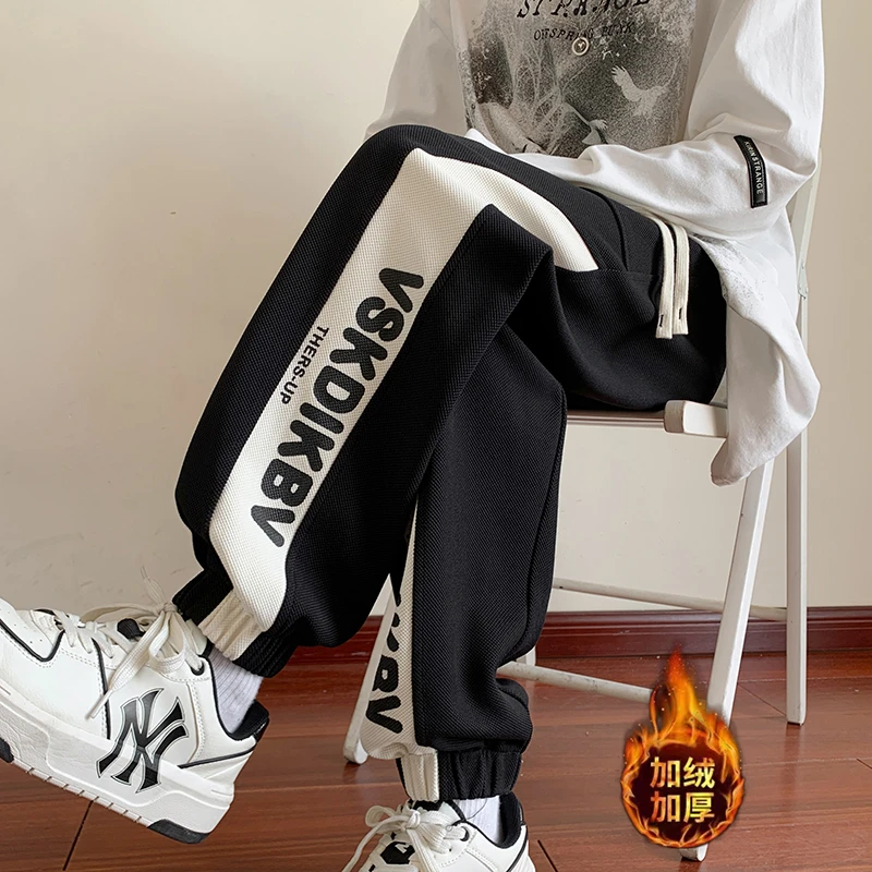 潮牌卫裤男款秋冬季加绒加厚青少年重磅裤子束脚裤大码运动工装裤