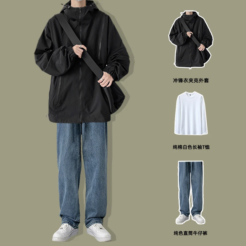 冲锋衣外套男春秋美式潮牌痞帅男生衣服男装搭配一套帅气穿搭套装