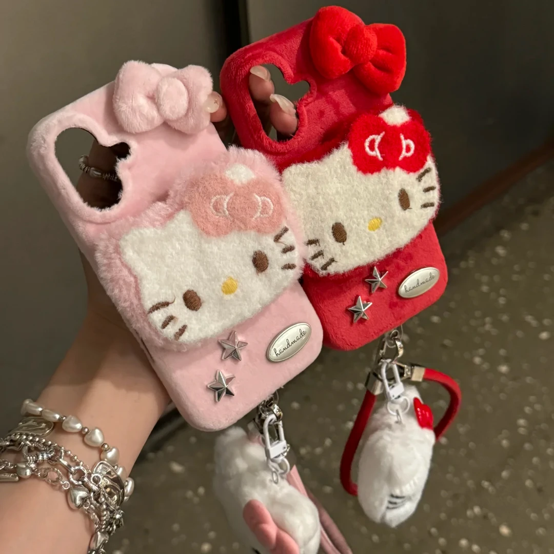 ins风秋冬毛绒卡通猫咪适用iPhone16系列手机壳苹果14Promax创意