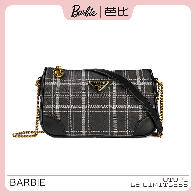 【洛洛限定】BARBIE/芭比新款高级感条纹格子单肩女包时尚百搭包包