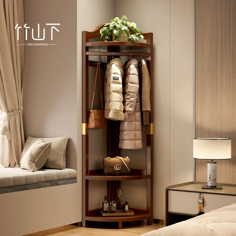 实木转角简易衣帽架落地卧室家用大容量挂衣架墙角立式挂衣架子
