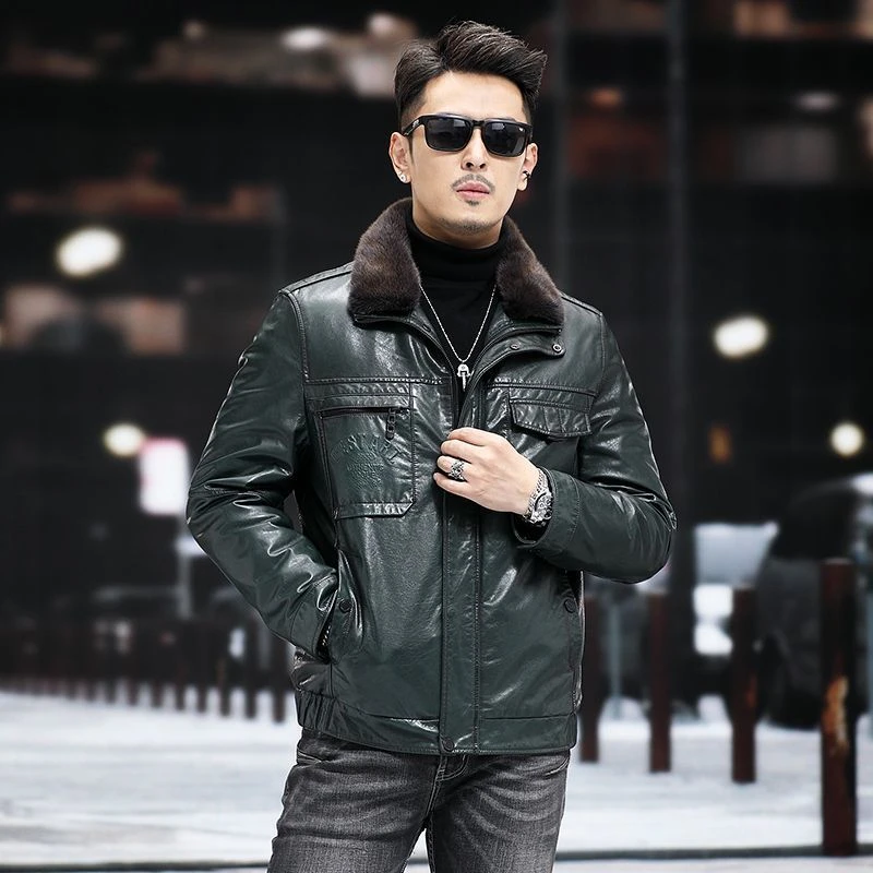 海宁优质油蜡山羊皮水貂领脱卸内胆真皮羽绒服男短款皮夹克外套潮