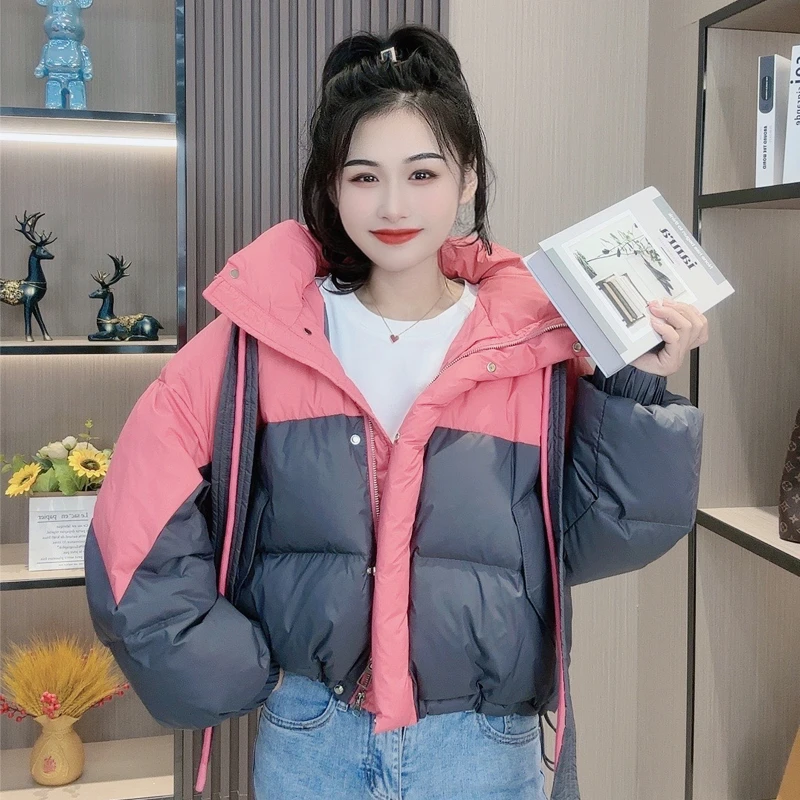 2025新款保暖羽绒服短款连帽蝙蝠袖拼接加厚宽松90白鸭绒外套