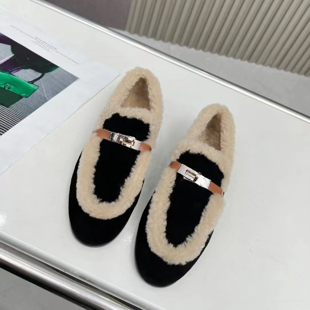 MCL高定真皮羊皮毛一体乐福鞋小香风保暖百搭毛毛鞋舒适舒适厚底