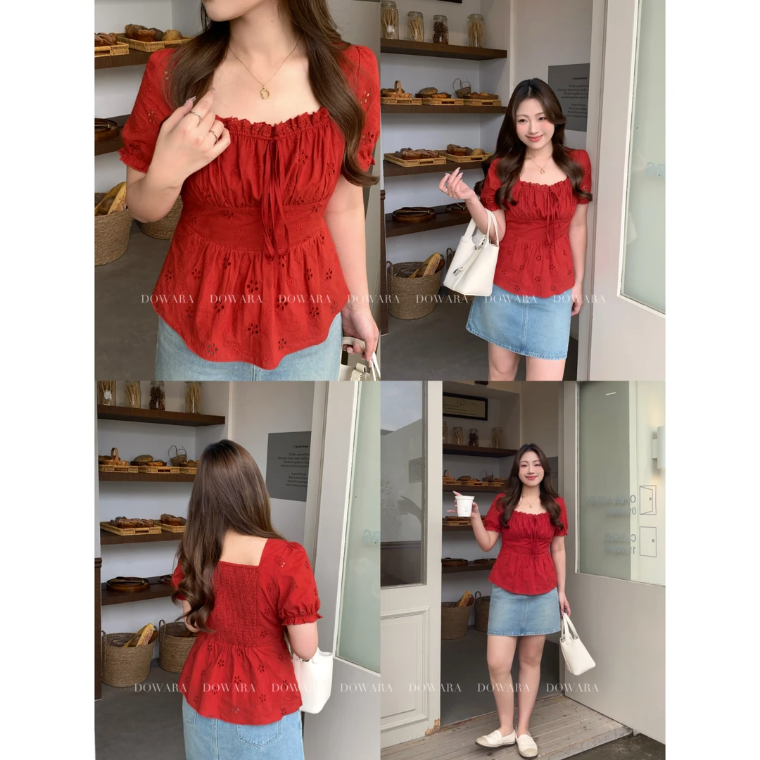 现货大婉酱微胖定制胖mm夏设计感法式复古方领镂空蕾丝衬衫6054D