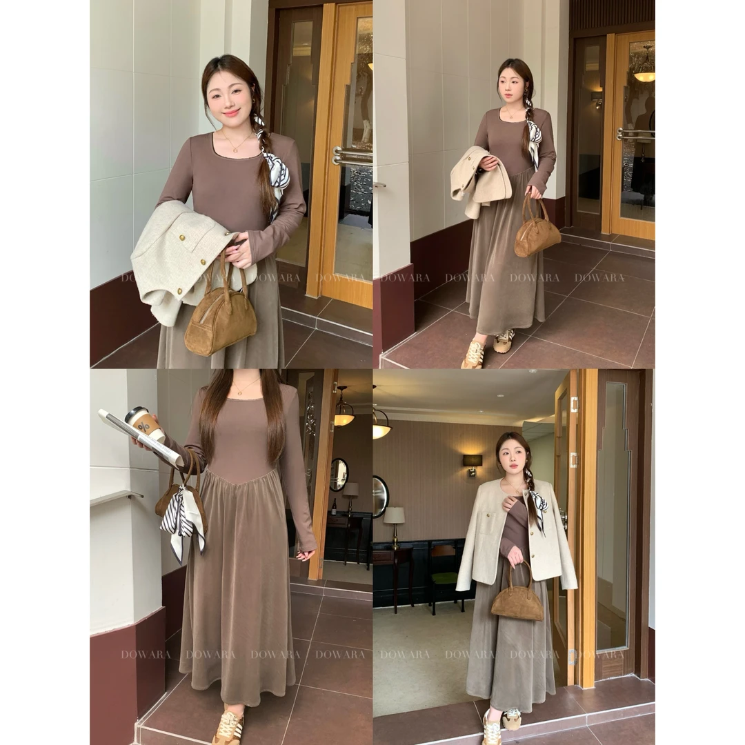 现货大碗酱肉肉微胖定制复古方领气质赫本风收腰显瘦连衣裙7109D