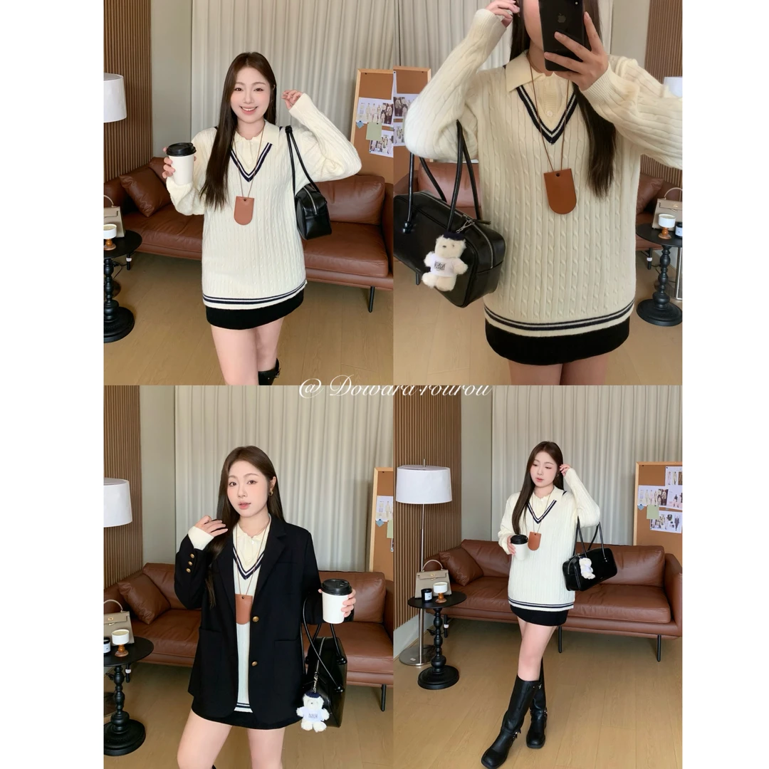 大婉酱肉肉微胖定制翻领假两件休闲风设计感长袖上衣5588D