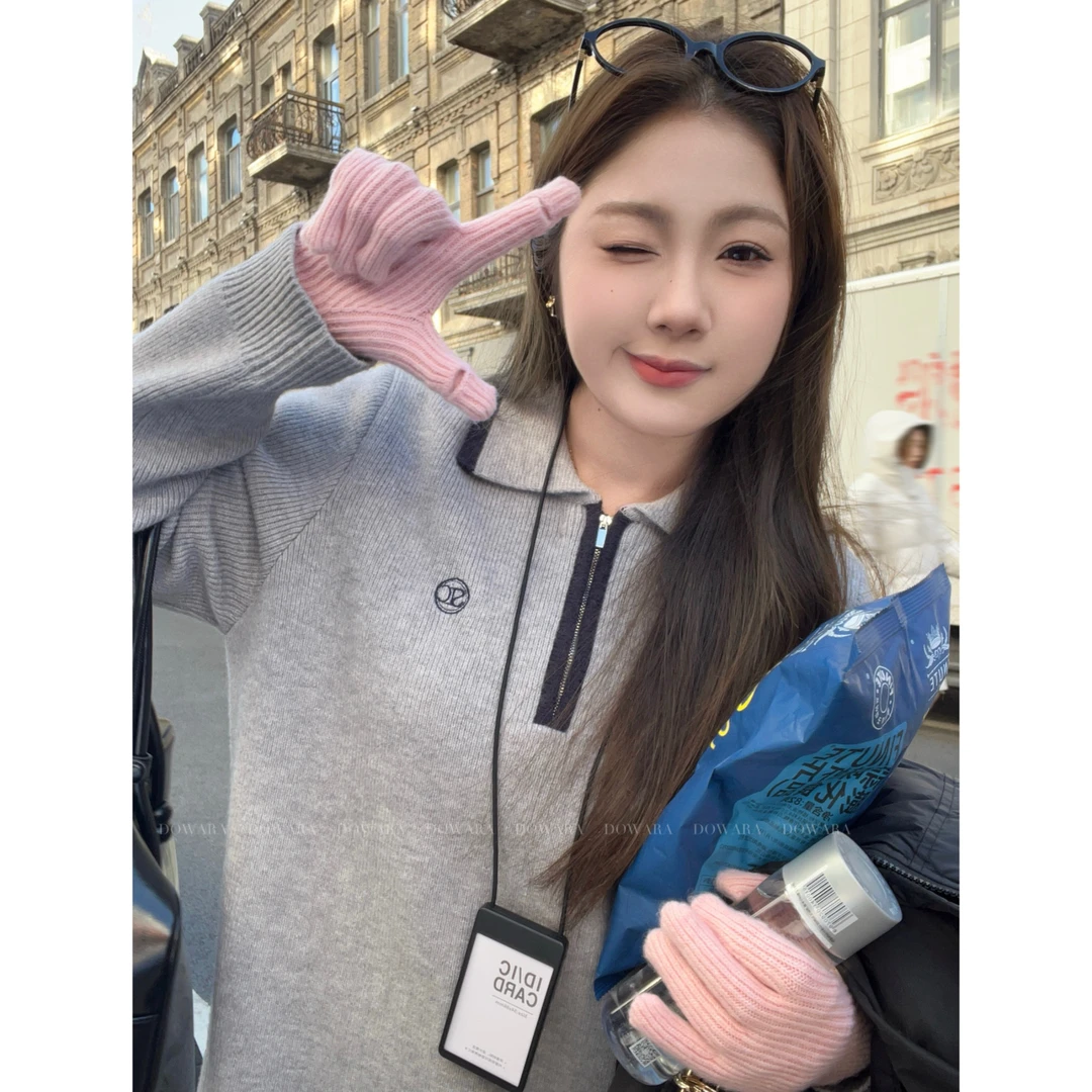 大婉酱肉肉微胖定制宽松拉链翻领设计感保暖休闲风毛衣7052D