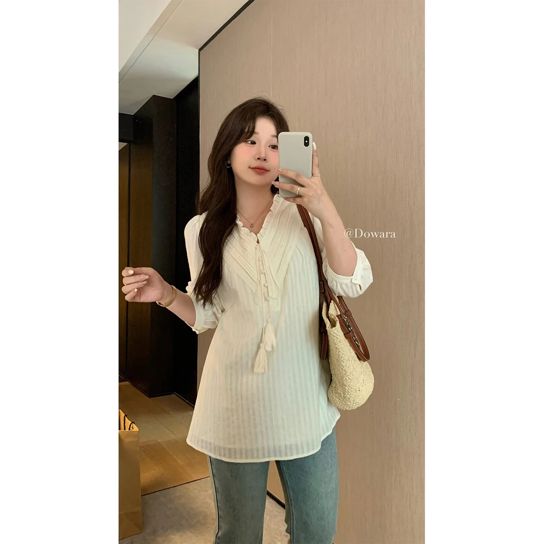 大婉酱微胖定制南法复古蕾丝防晒衬衫 夏季法式小众别致上衣6030D