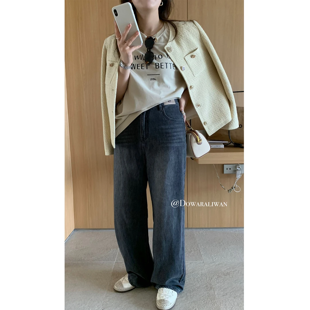 大婉酱微胖定制 早春韩系复古水洗高腰牛仔裤显瘦直筒长裤女4649D