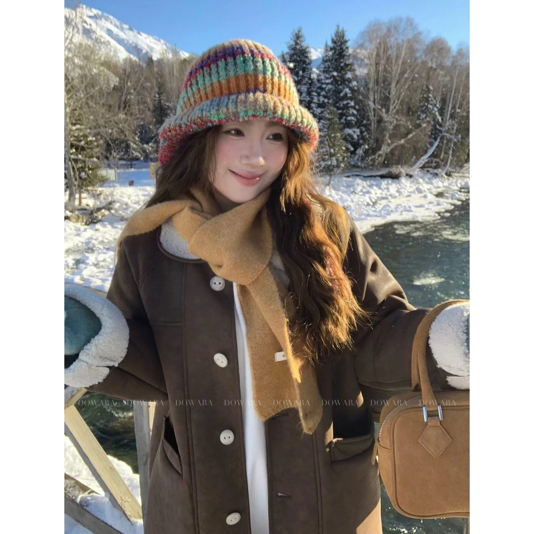 现货大婉酱肉肉微胖定制时尚设计棕咖色摇粒绒翻领长袖外套7316D