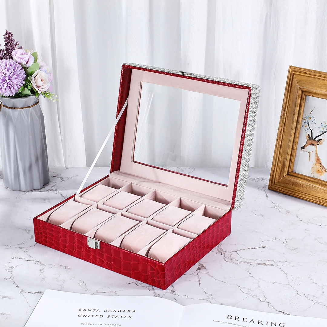 轻奢精致欧式简约镶钻首饰盒收纳盒大容量皮质家用奢华古风透明