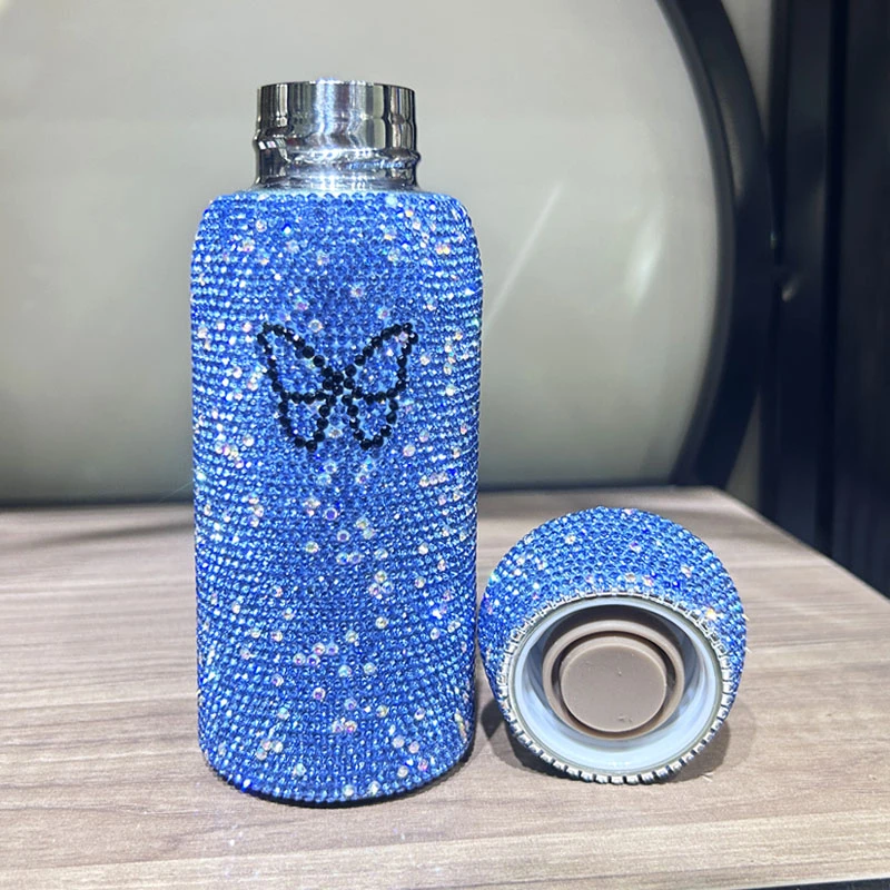 2023新款网红蝴蝶结满钻保温杯女生高颜值手工镶钻蓝色真空水杯