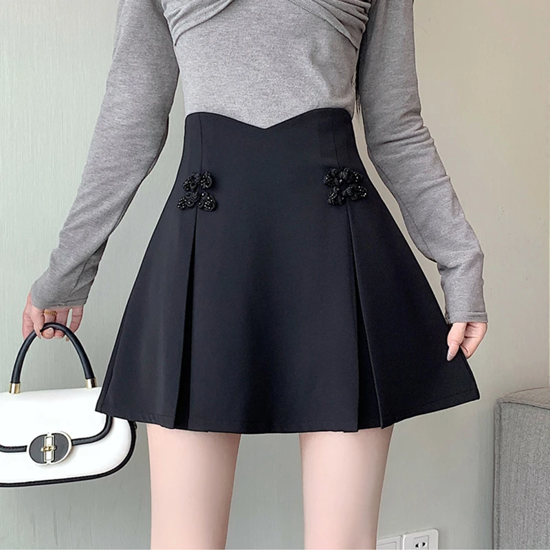 夏季中式盘扣显瘦百褶裙子大码高腰显瘦半身裙胖MM防走光A字短裙