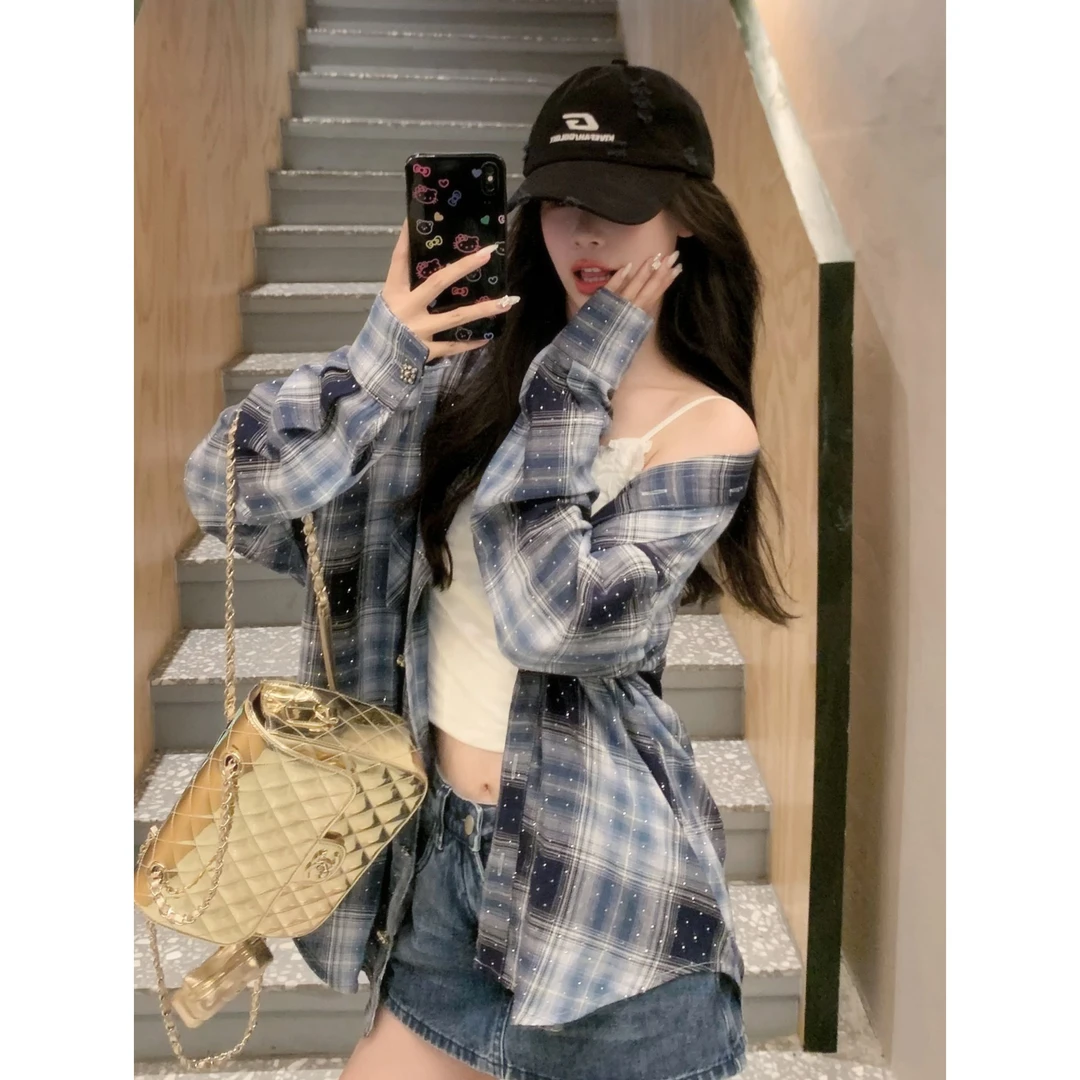 【蓝莓酱】蓝色格子钻钻衬衫