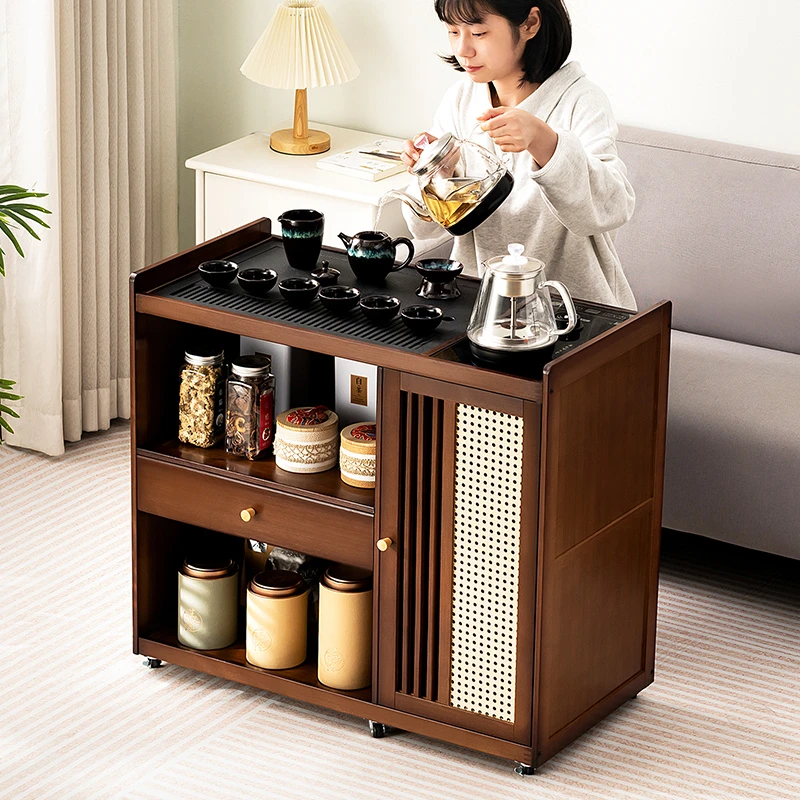 移动茶桌小茶台烧水壶一体实木煮泡茶简约轻奢阳台茶几家用茶水柜
