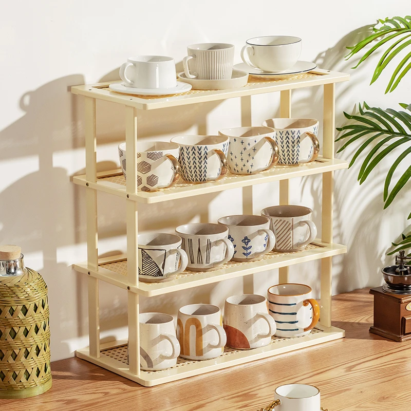 桌面收纳盒水杯子置物架仿藤编收纳柜茶具展示餐具化妆品厨房储物