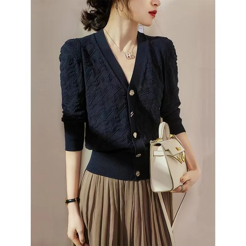 Y2478蓝色V领针织衫女开衫早秋新款立体提花长袖气质打底上衣外套