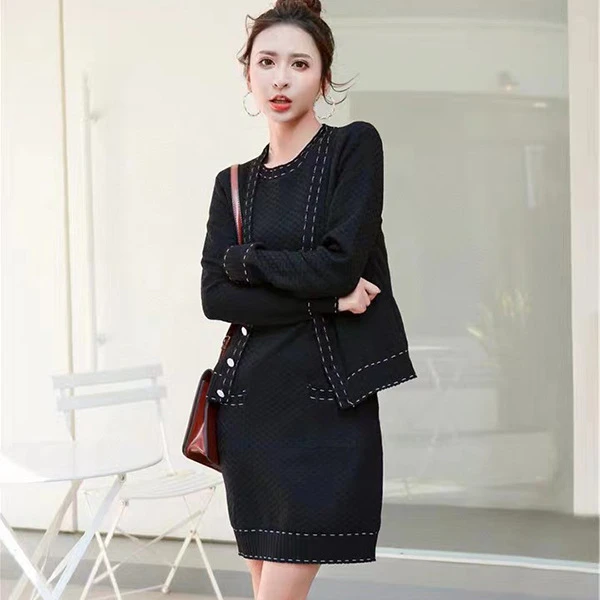 936A小香风针织外套连衣裙两件套名媛气质显瘦减龄短袖背心包臀裙