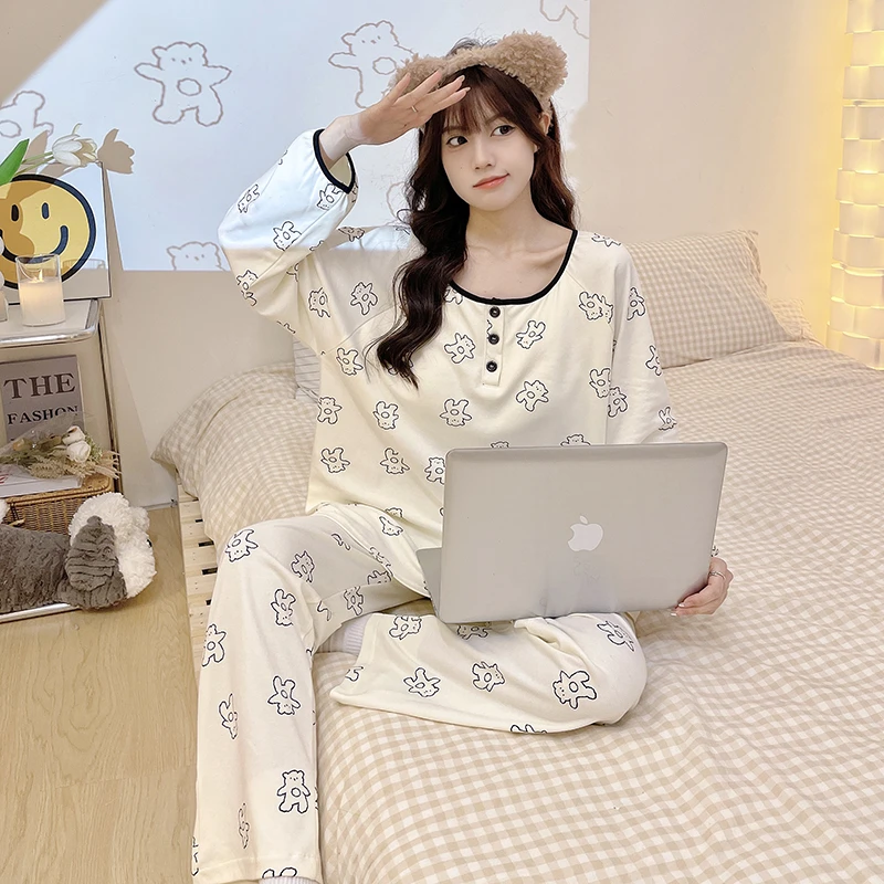 纯棉小熊秋季长袖套头睡衣ins风宽松大码韩版可爱可外穿家居服