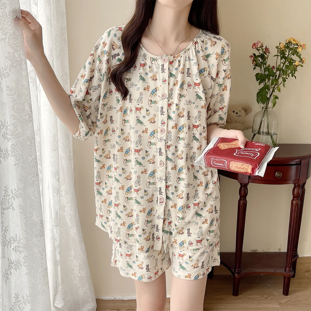 新款韩版纯棉睡衣女ins风大码卡通可爱学生宽松印花休闲家居服女