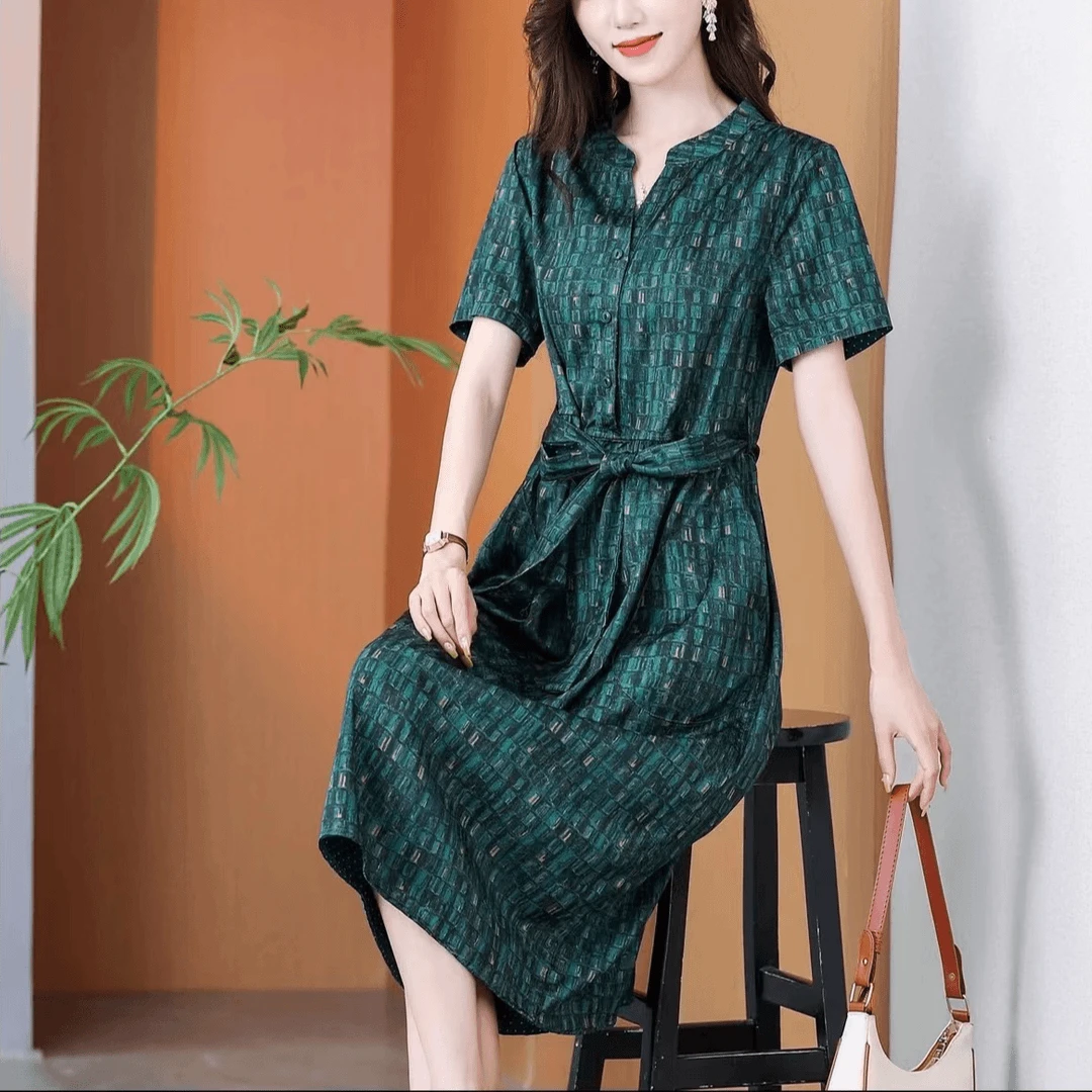 桑蚕丝大码女装时尚气质新款双面双穿收腰显瘦中长款连衣裙洋气