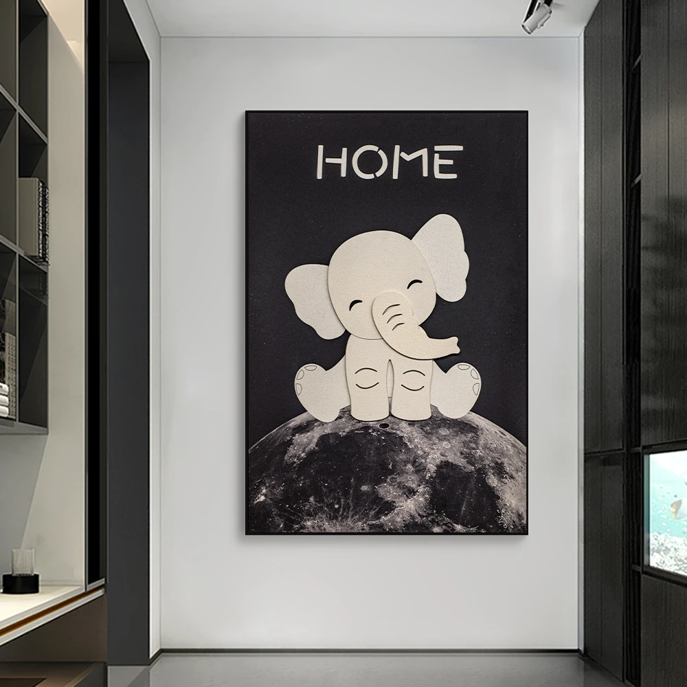 卡通大象双层玄关装饰画高级现代简约立体砂岩尽头挂画大象80120