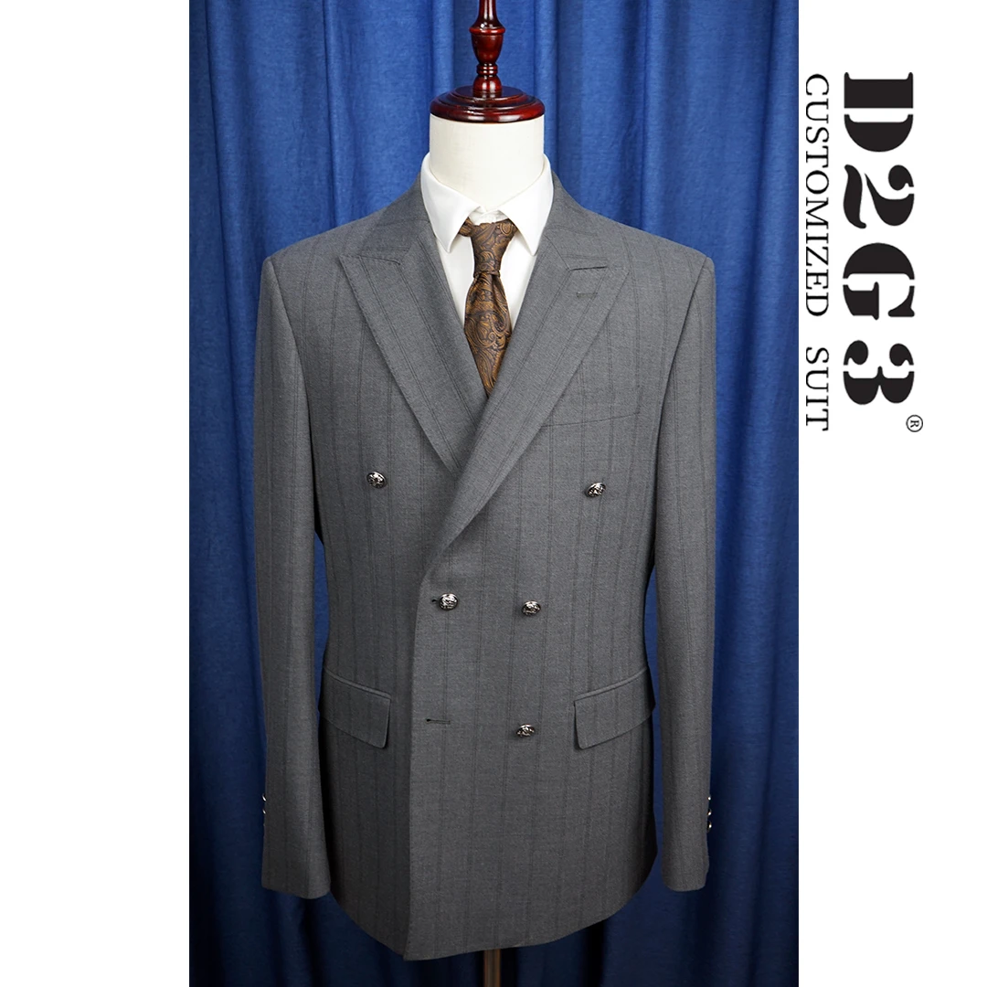 【套装】男士西装双排扣套装条纹灰色西装男商务修身显瘦AXZ0670