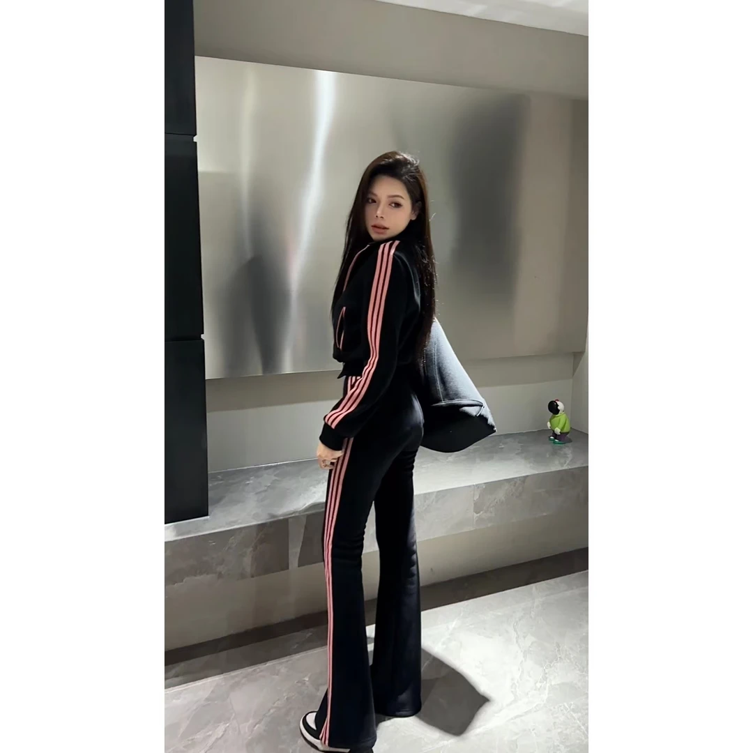 【苏苏】冬季新款显瘦休闲拼色条纹两件套加绒时髦运动套装DT1025
