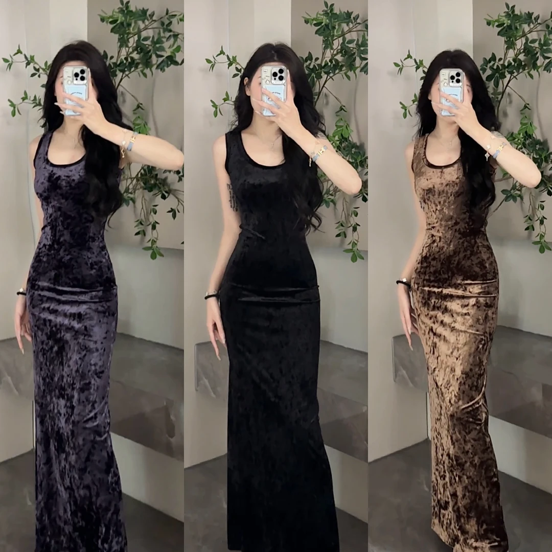 【苏苏】2024新款秋季显瘦修身丝绒背心夏季连衣裙气质长裙DT0300