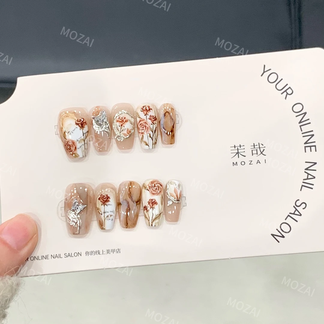 茉哉V高定【卡布奇诺】纯手工手绘定制美甲穿戴甲F0002