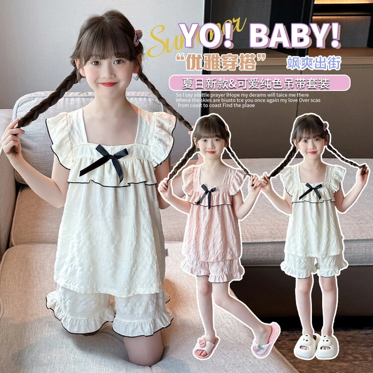 新款夏季薄款女童公主小飞袖短袖短裤儿童家居服睡衣套装