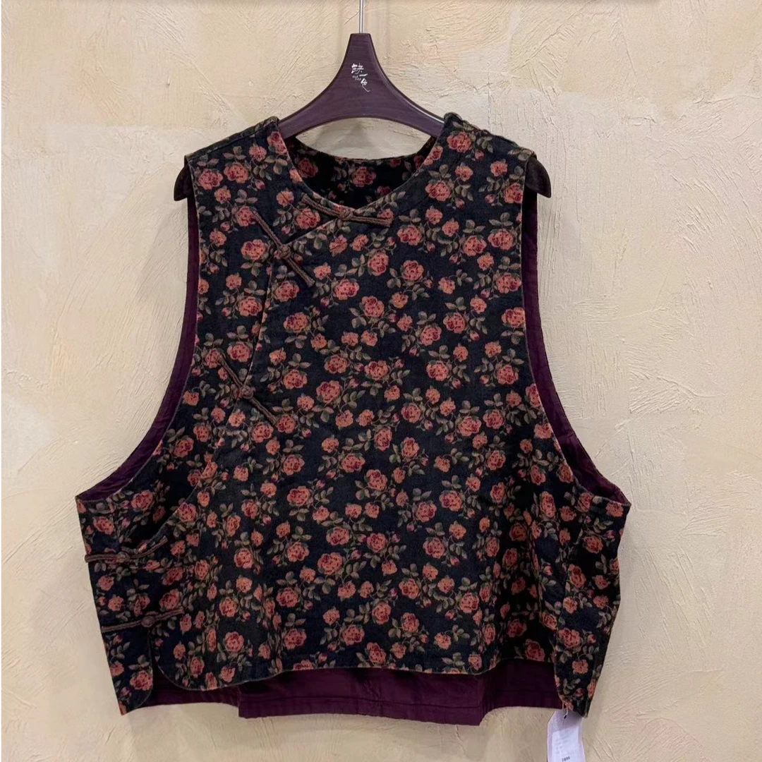 2024秋季新款马甲2410701双层色织斜襟盘扣马夹碎花时尚无袖