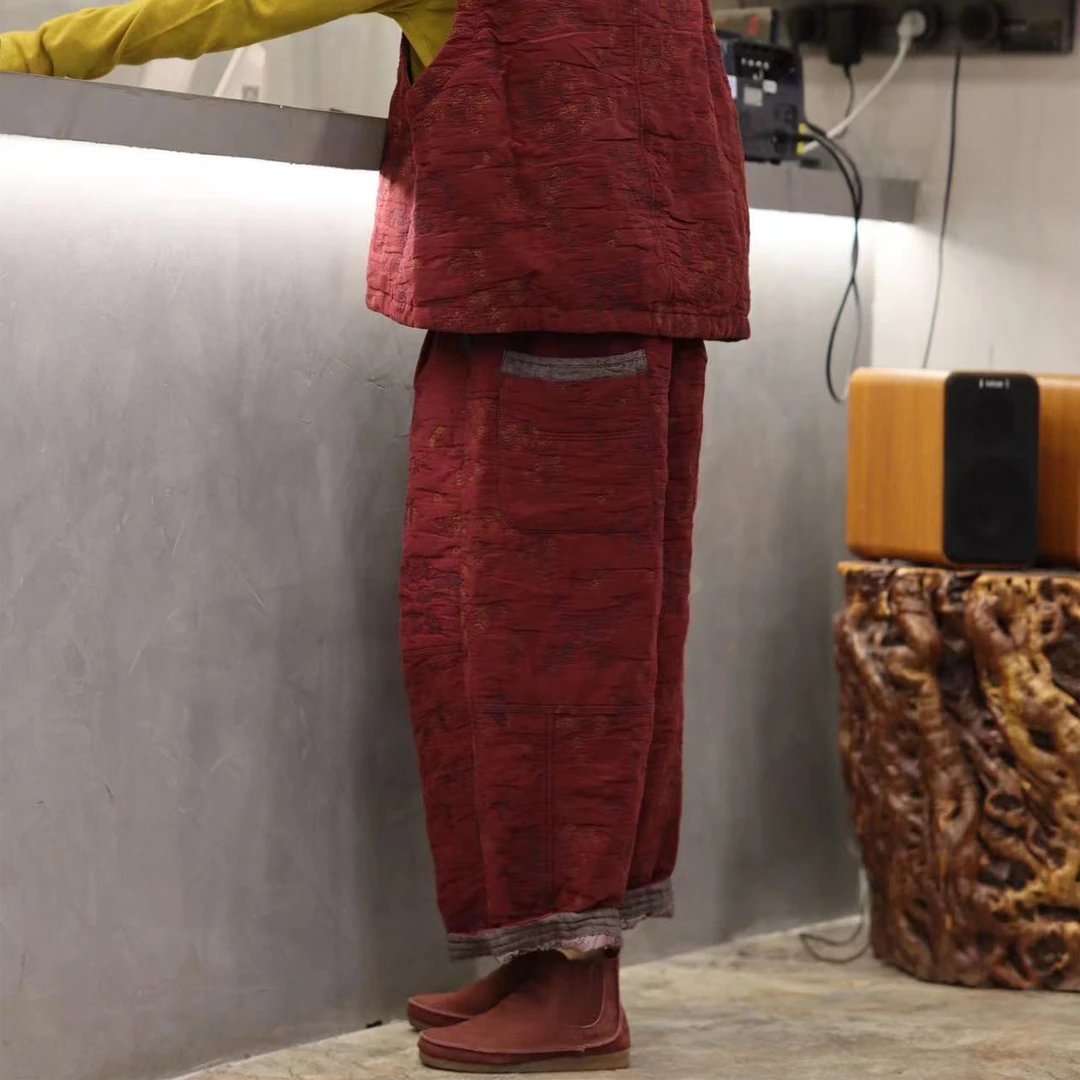 2023秋冬新款双面提花色织休闲裤230440时尚复古松紧腰宽松百搭