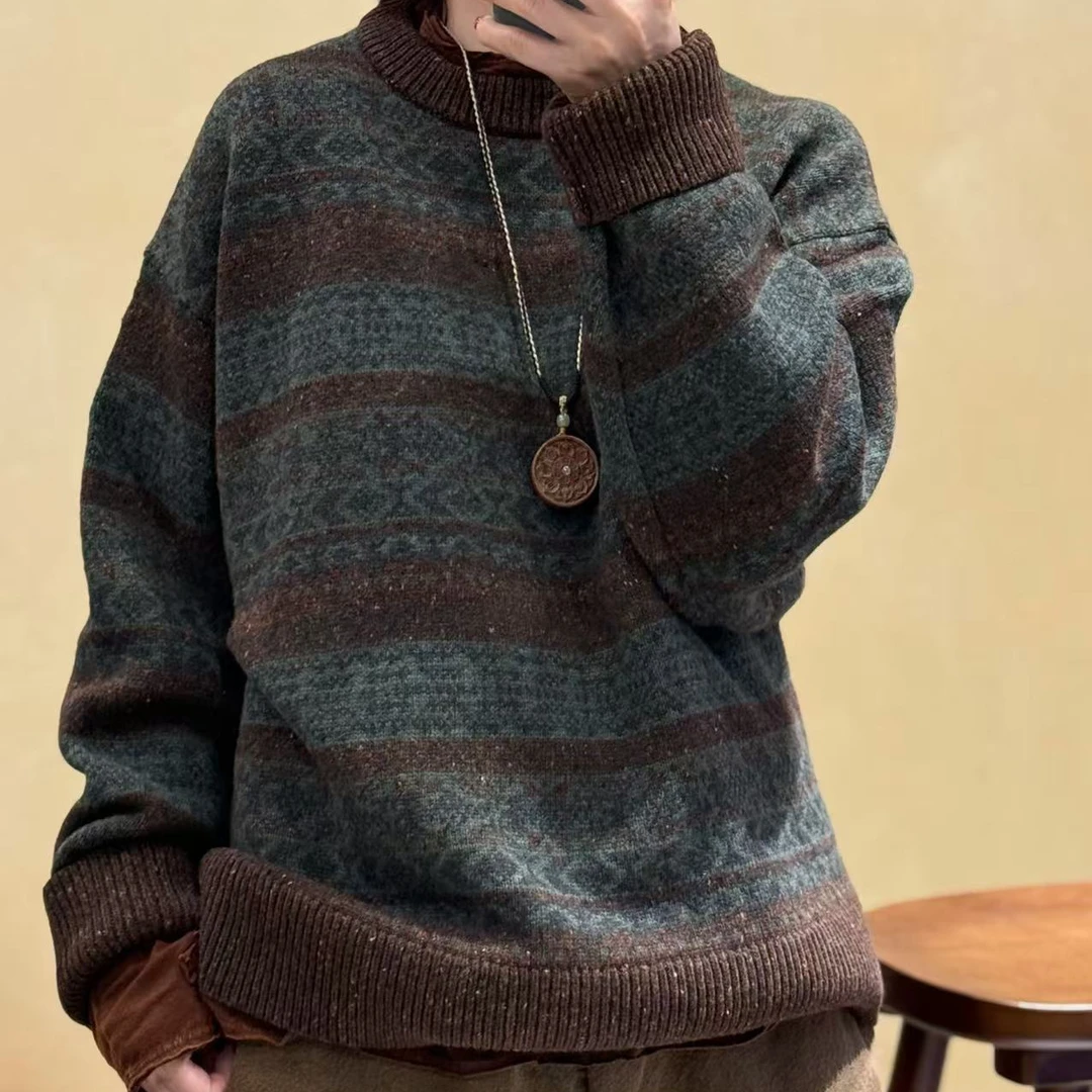 2024秋冬新款时尚休闲宽松复古条纹文艺拼色羊毛套头毛衣231128
