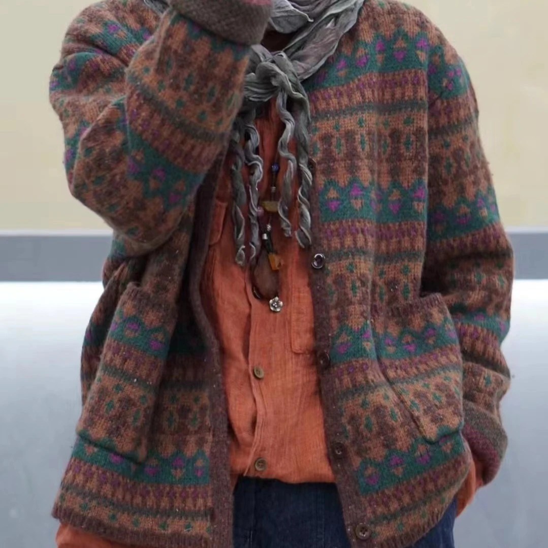 2024新款外套220056毛衣开衫拼色文艺复古时尚百搭针织衫女